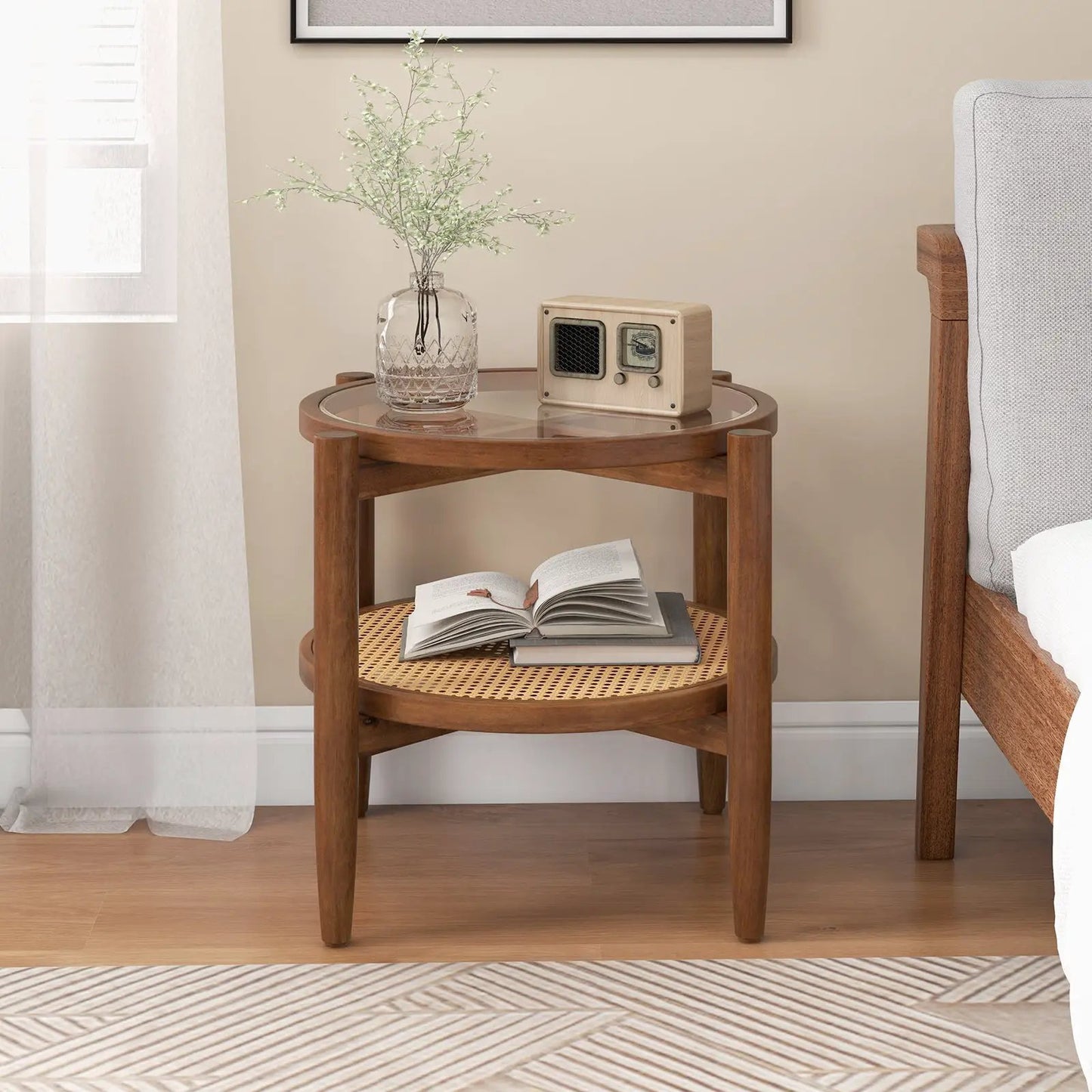 Rattan Round Side Table With Tempered Glass Top