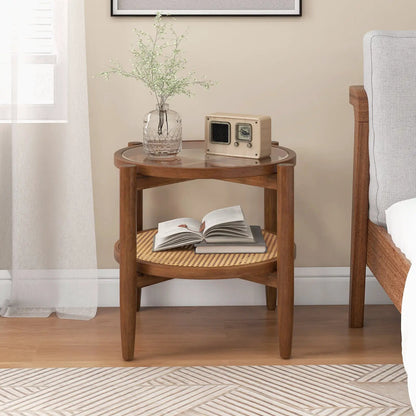 Rattan Round Side Table With Tempered Glass Top