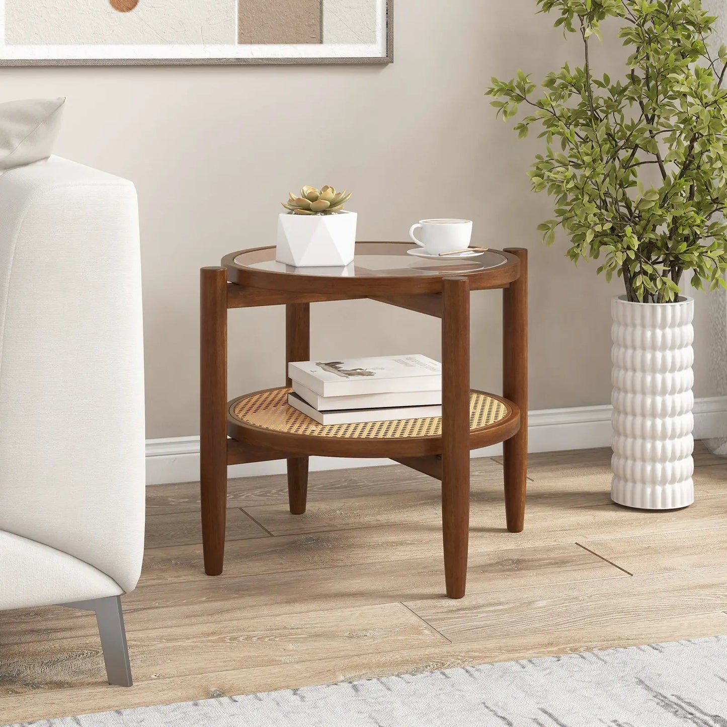Rattan Round Side Table With Tempered Glass Top