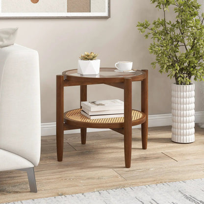 Rattan Round Side Table With Tempered Glass Top