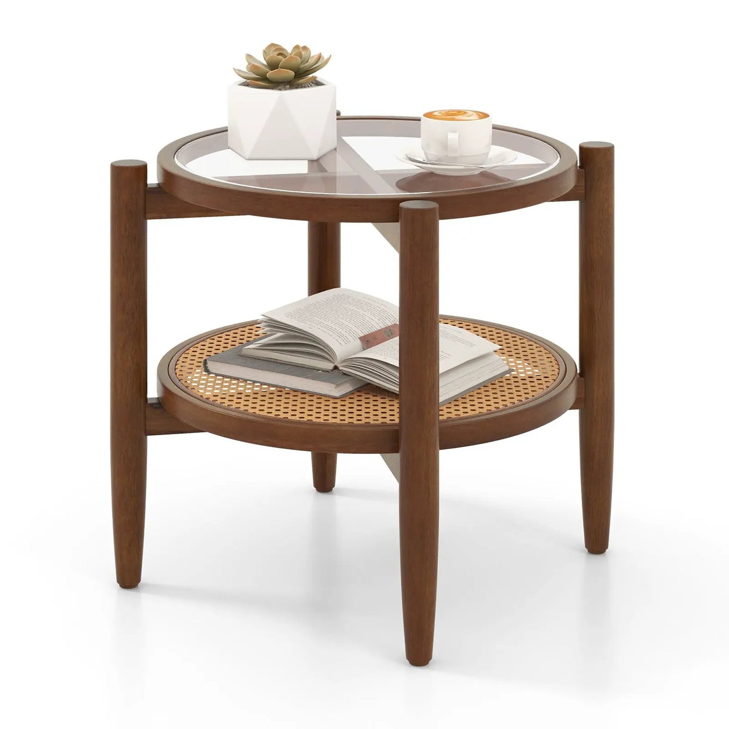 Rattan Round Side Table With Tempered Glass Top