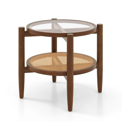 Rattan Round Side Table With Tempered Glass Top