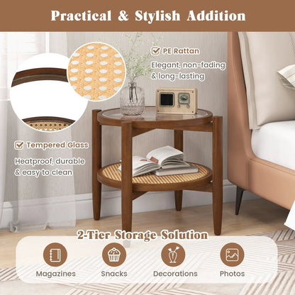 Rattan Round Side Table With Tempered Glass Top