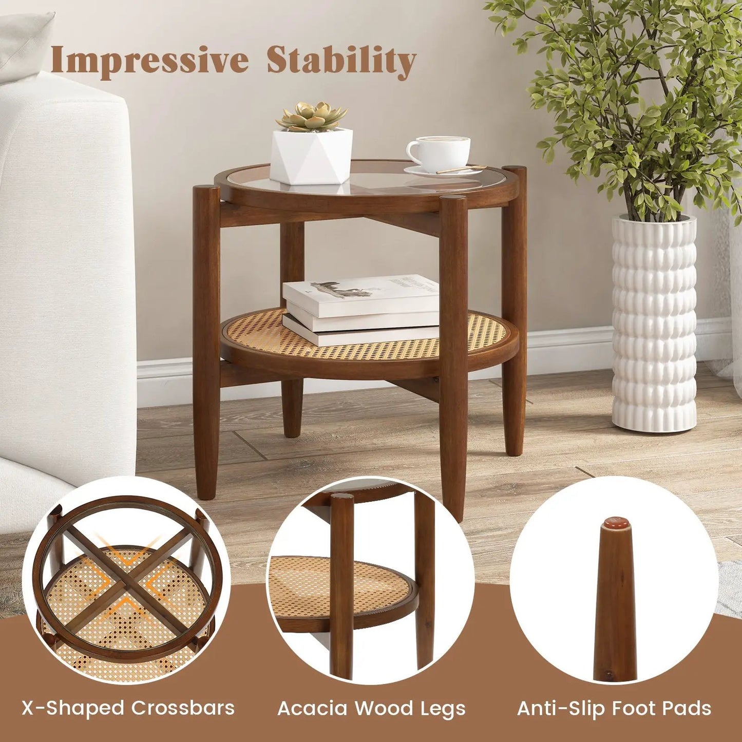 Rattan Round Side Table With Tempered Glass Top