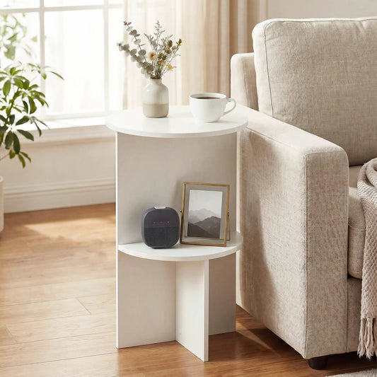 Round white 2-tier side table DirectDeals; top vase and coffee cup, lower shelf with photo on Tampa Home & Garden Store