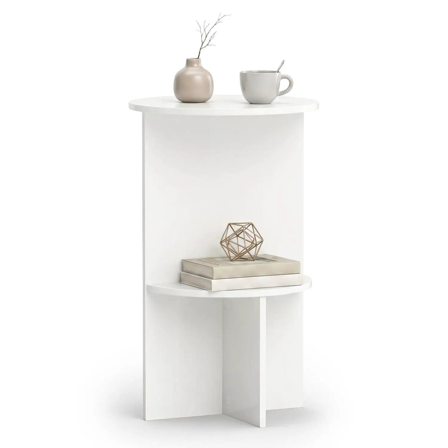 Round Side Table With Storage Shelf, 2-Tier White