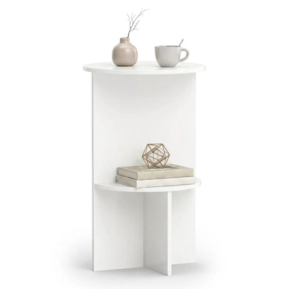 Round Side Table With Storage Shelf, 2-Tier White