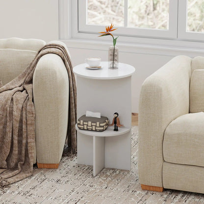 Round Side Table With Storage Shelf, 2-Tier White