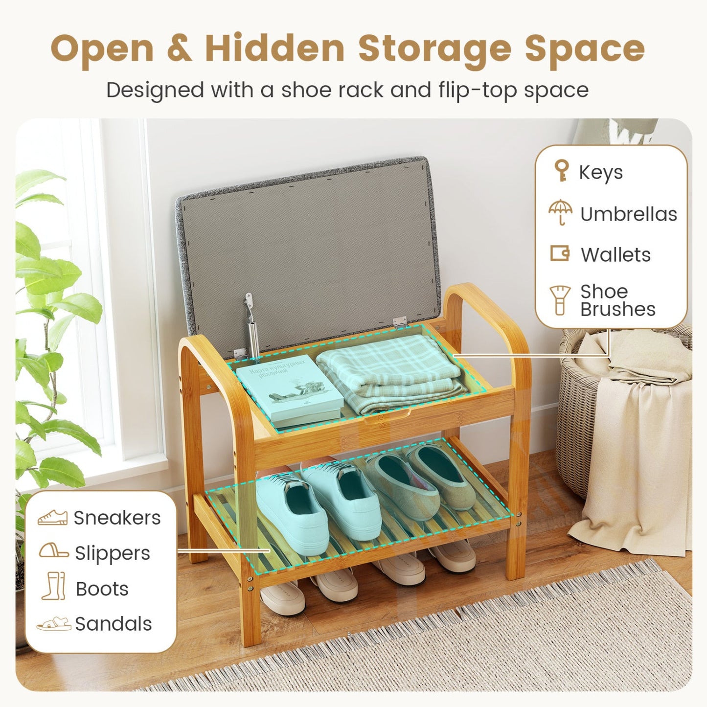2-Tier Shoe Rack Bench with Flip-Top Storage-Natural