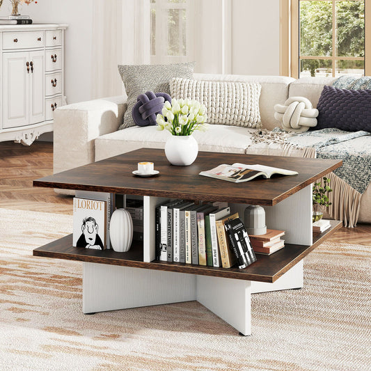 2-Tier Square Coffee Table with 4 Storage Compartments-Rustic Brown - Tampa Home & Garden Store