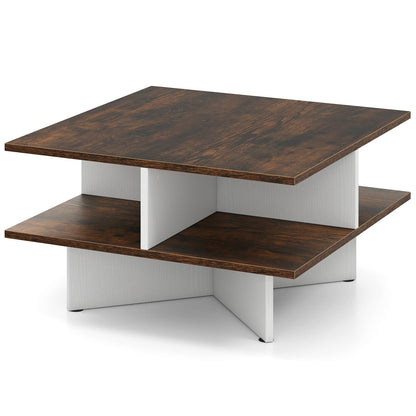 2-Tier Square Coffee Table with 4 Storage Compartments-Rustic Brown