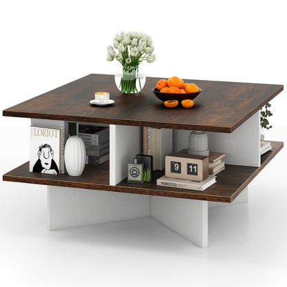 2-Tier Square Coffee Table with 4 Storage Compartments-Rustic Brown