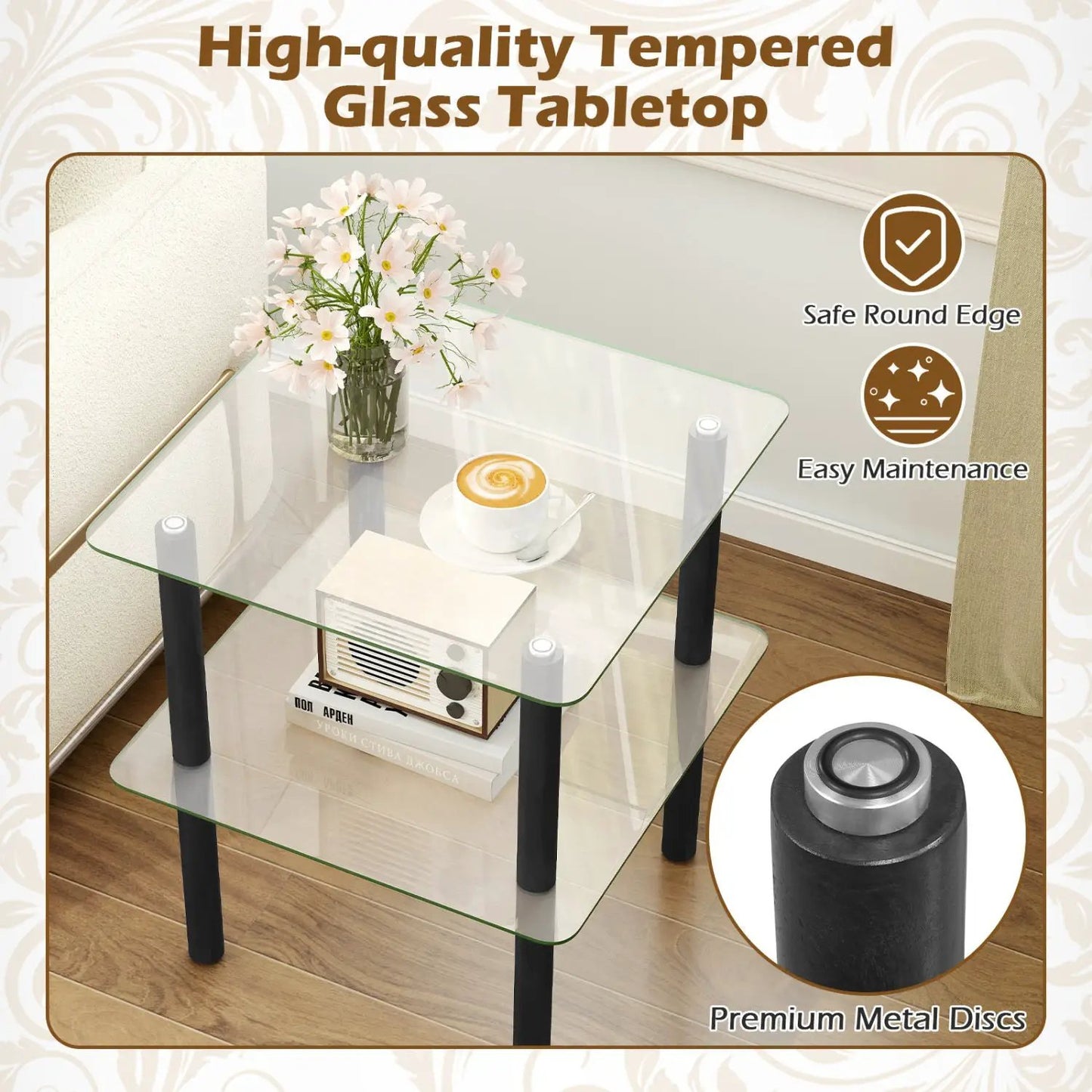 Square End Table With Tempered Glass Top
