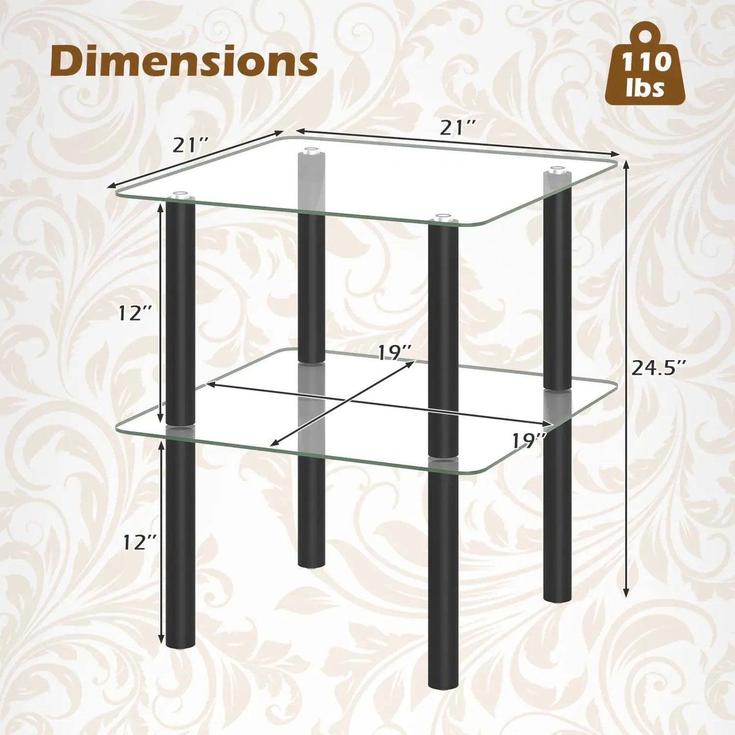 Square End Table With Tempered Glass Top