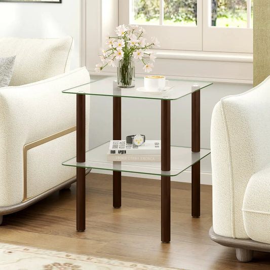 Square End Table with tempered glass top and shelf, DirectDeals, dark brown legs on Tampa Home & Garden Store
