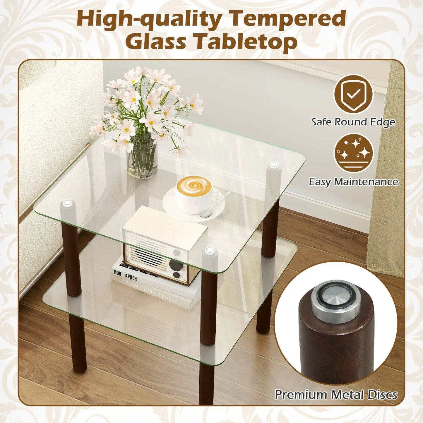 Square End Table With Tempered Glass Top