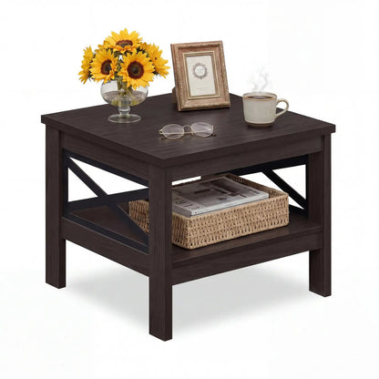 Square Side Table With Storage Shelf and X Frame