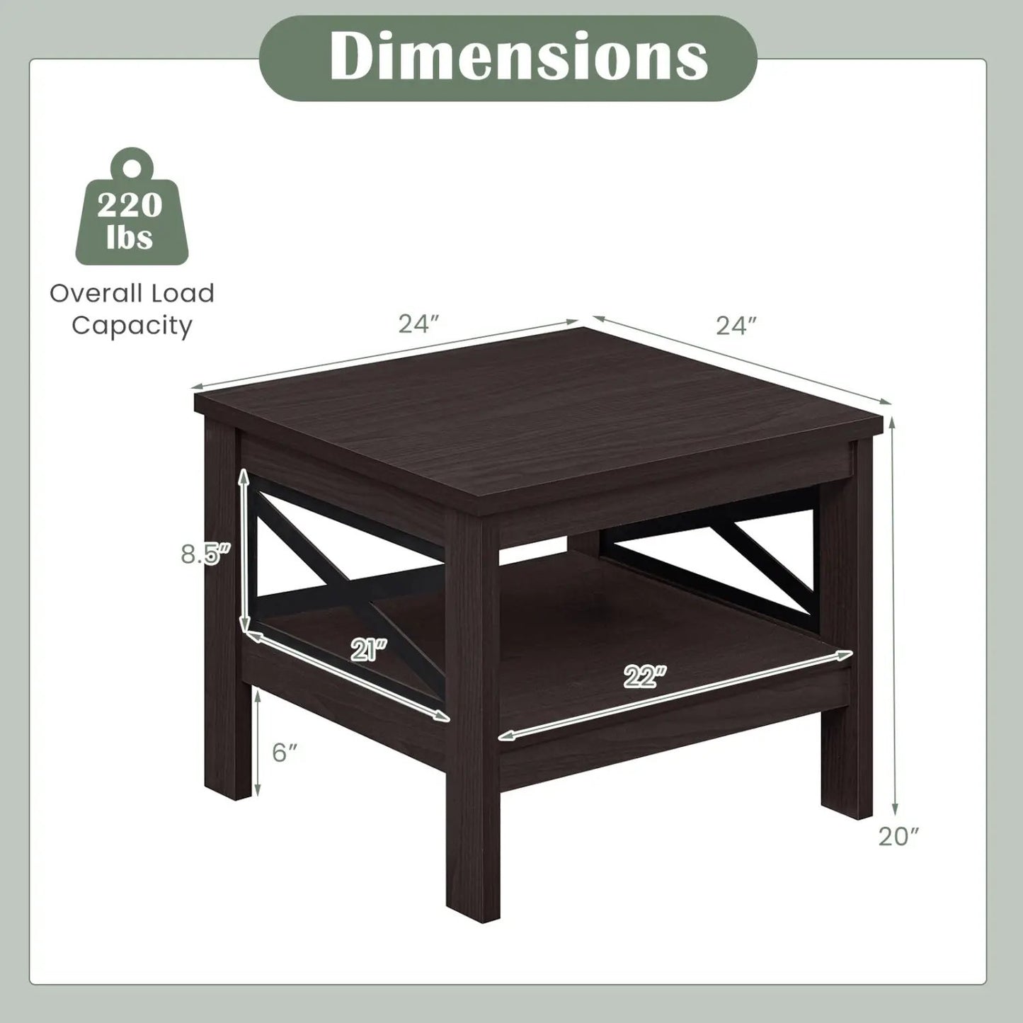 Square Side Table With Storage Shelf and X Frame