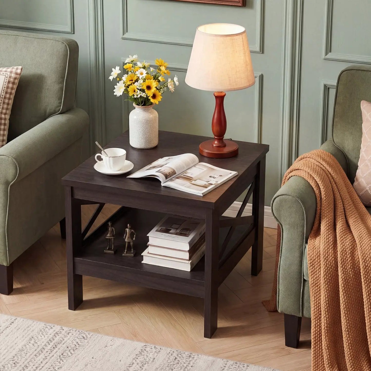 Square Side Table With Storage Shelf and X Frame