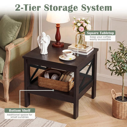Square Side Table With Storage Shelf and X Frame