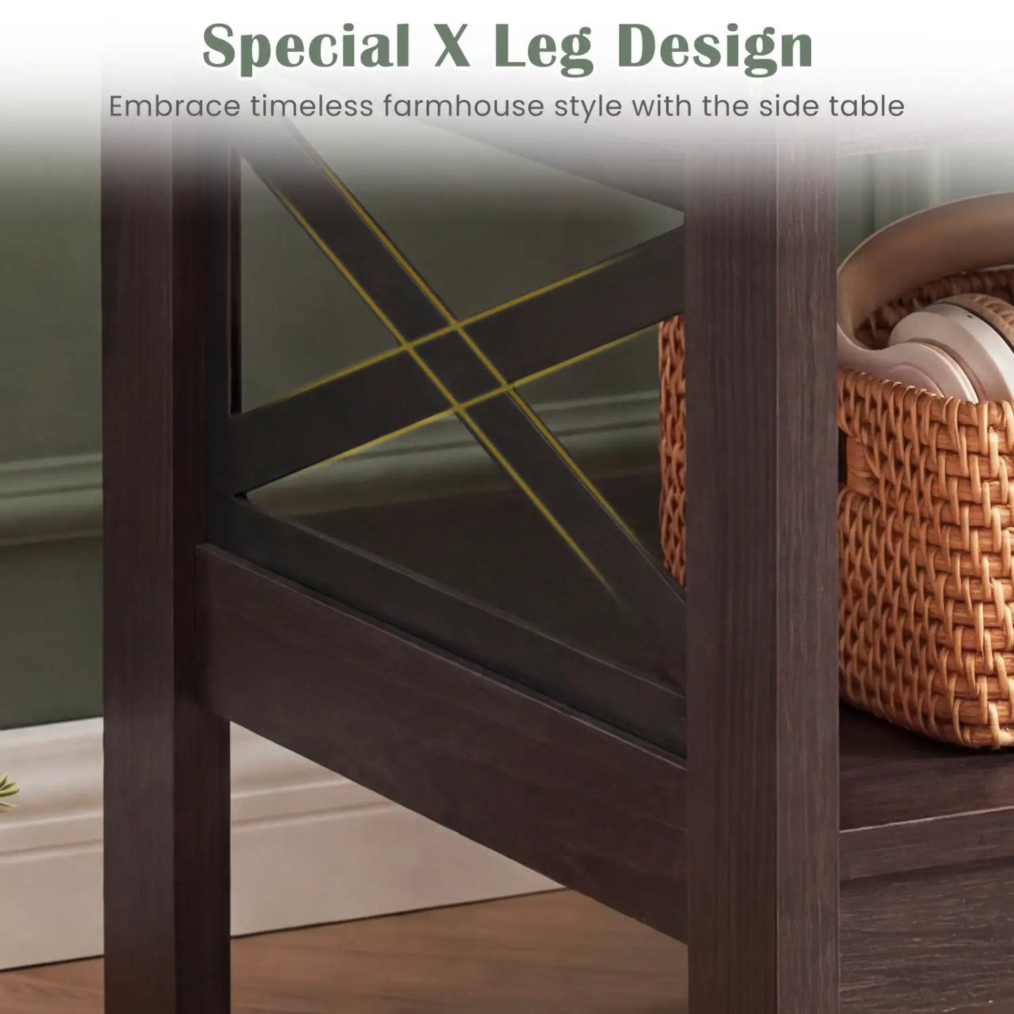Square Side Table With Storage Shelf and X Frame