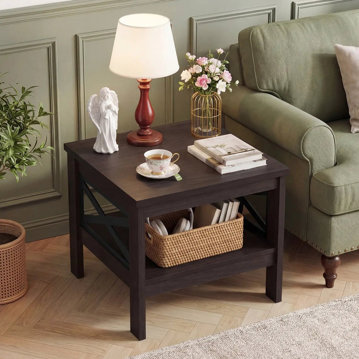 Square Side Table With Storage Shelf and X Frame