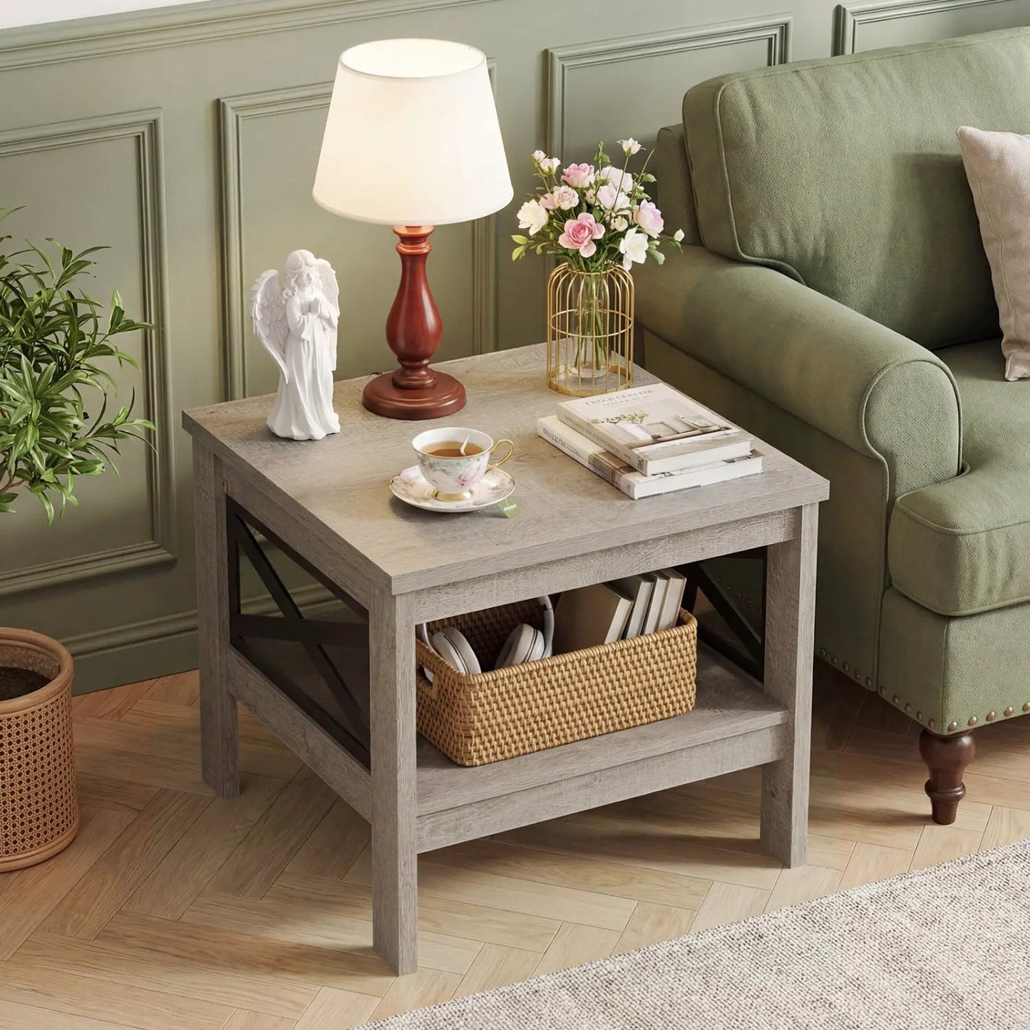 Square Side Table With Storage Shelf and X Frame