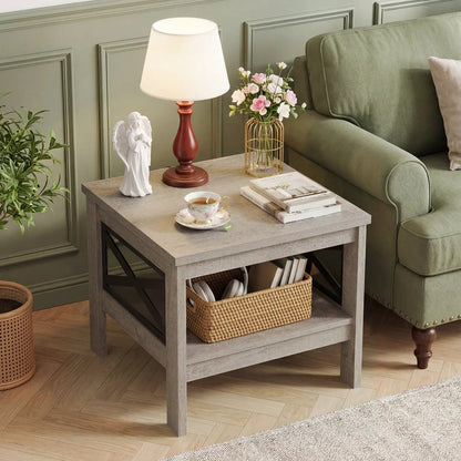 Square Side Table With Storage Shelf and X Frame
