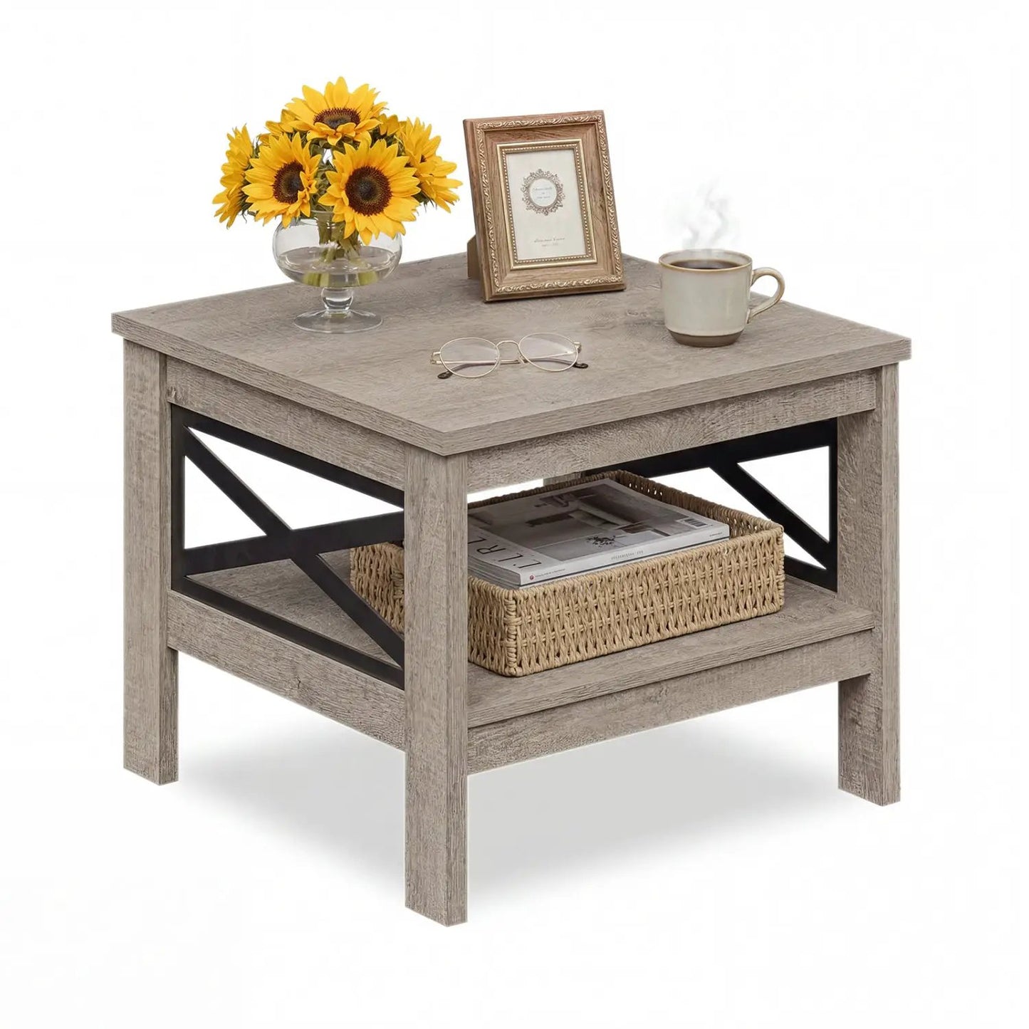 Square Side Table With Storage Shelf and X Frame