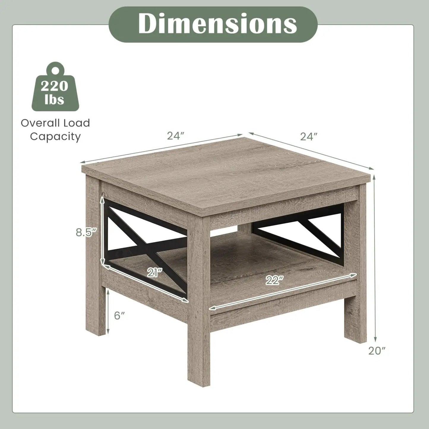 Square Side Table With Storage Shelf and X Frame