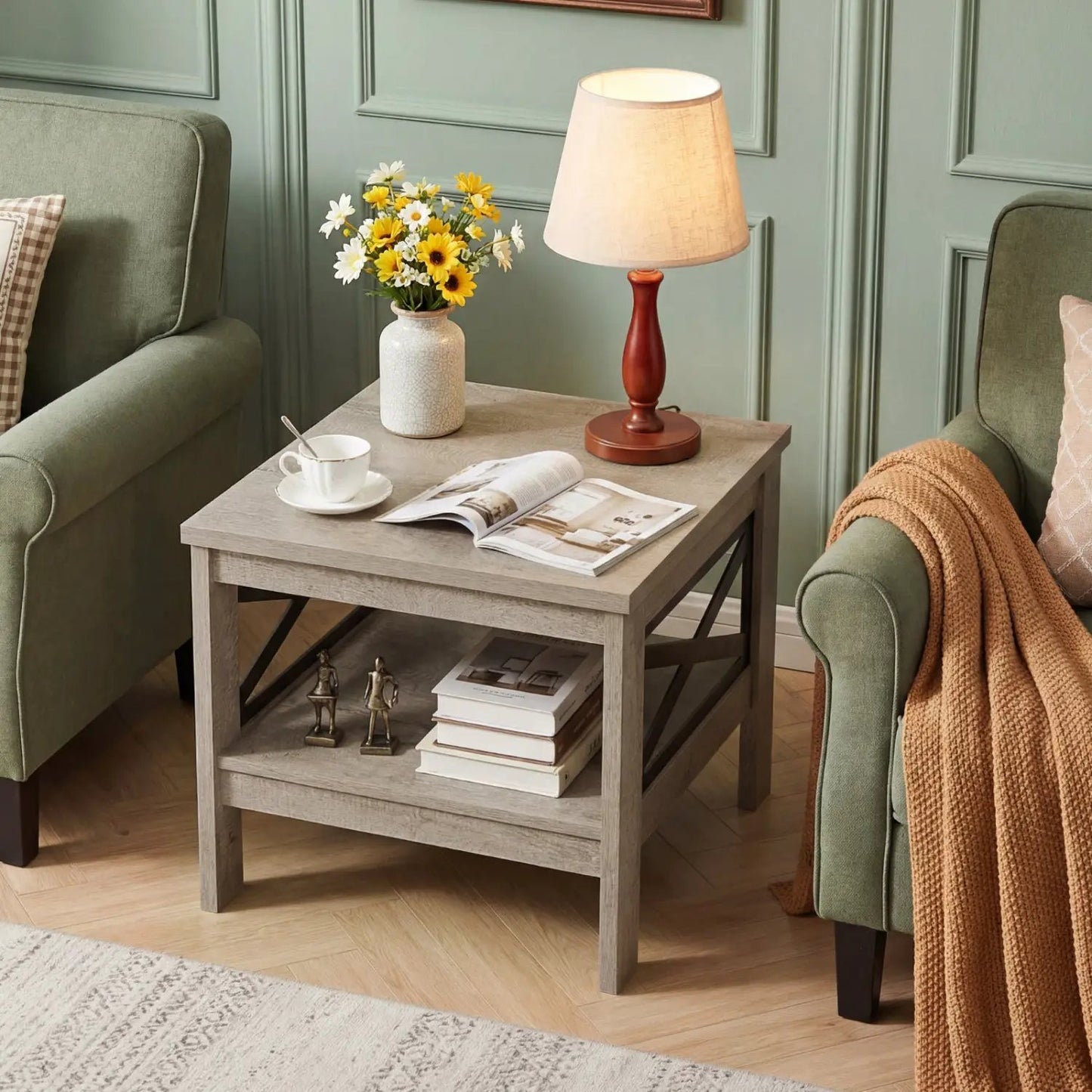 Square Side Table With Storage Shelf and X Frame