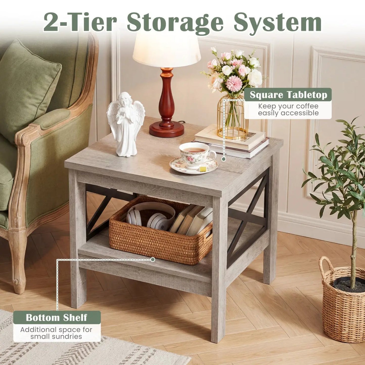 Square Side Table With Storage Shelf and X Frame