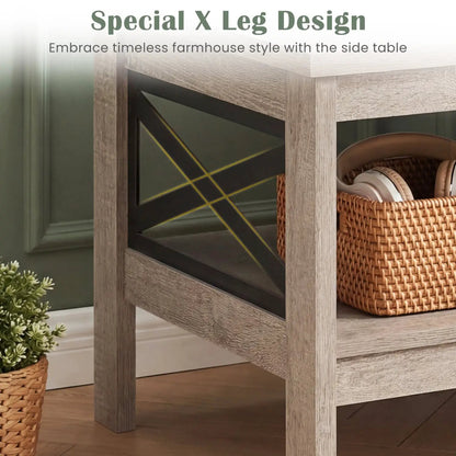 Square Side Table With Storage Shelf and X Frame