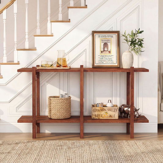 2-Tier Wood Bookshelf Low Horizontal Rubberwood Bookcase for Display-Walnut - Tampa Home & Garden Store