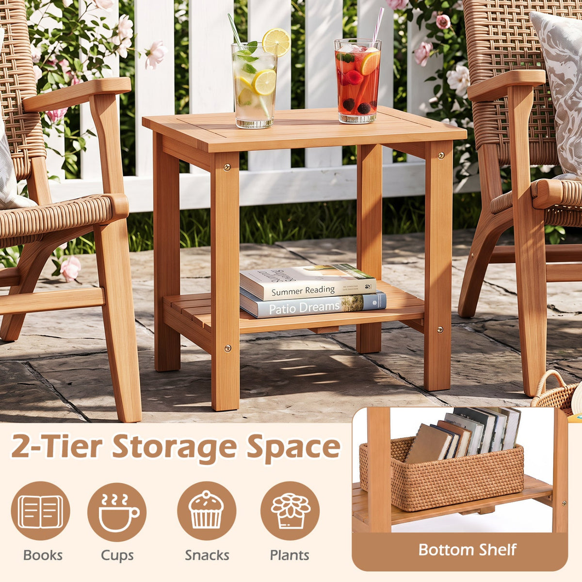 2-Tier Eucalyptus Wood Patio End Table with Storage Shelf; top drinks, bottom shelf books on Tampa Home & Garden Store
