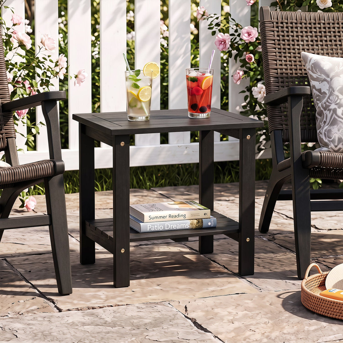 2-Tier eucalyptus wood patio end table with storage shelf dark finish DirectDeals; drinks on top, books below on Tampa Home & Garden Store