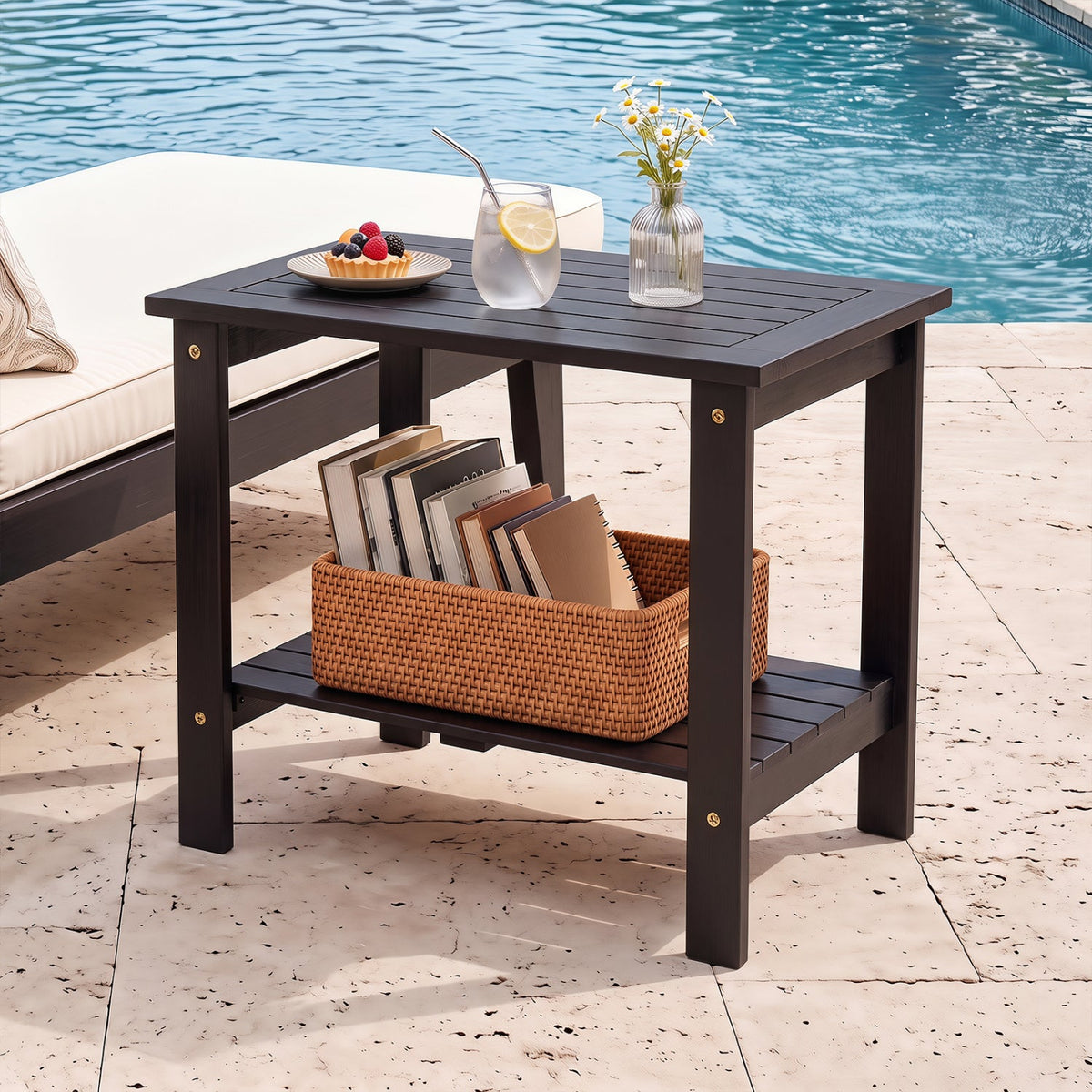 2-Tier Eucalyptus Wood Patio End Table with Storage Shelf, dark espresso finish, DirectDeals on Tampa Home & Garden Store