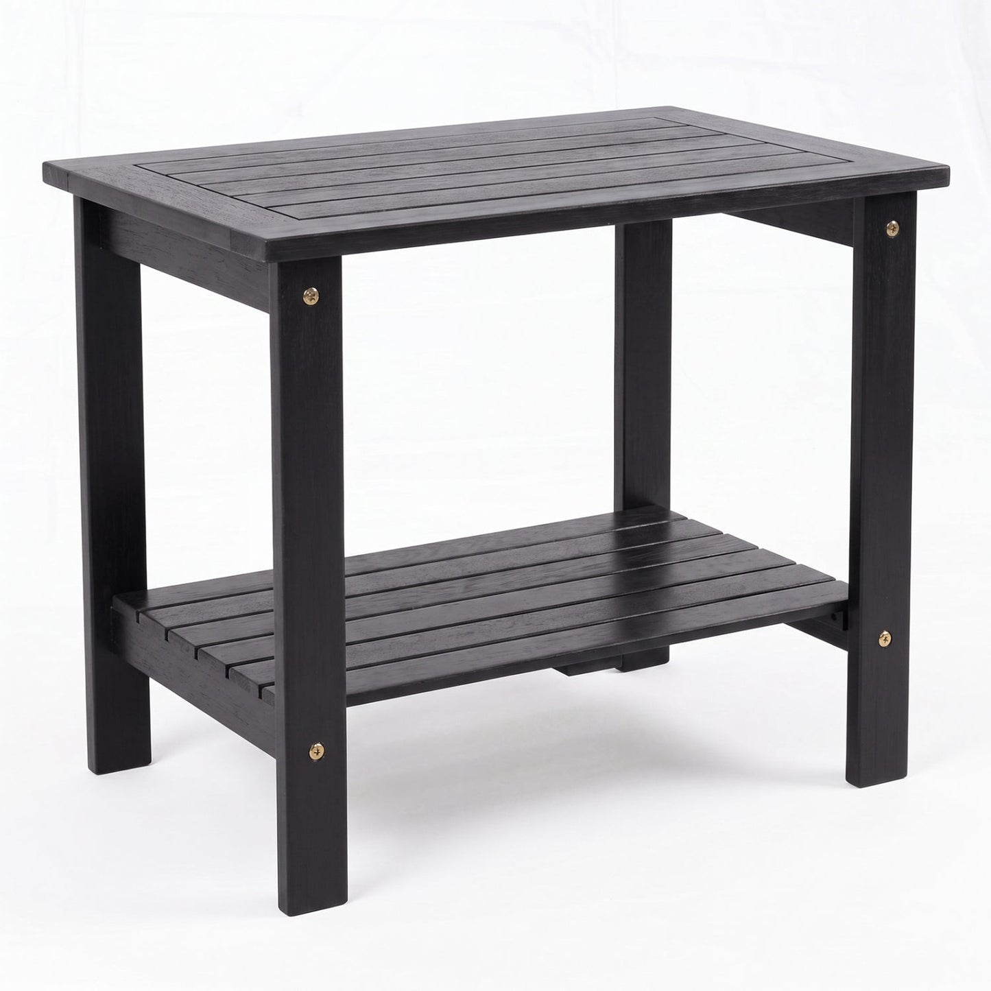 2-Tier Eucalyptus Wood Patio End Table with Storage Shelf, black finish, slatted top on Tampa Home & Garden Store