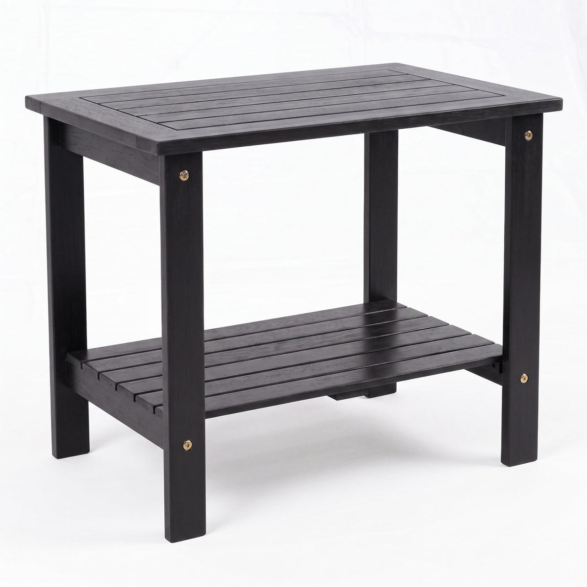 2-Tier Eucalyptus Wood Patio End Table with Storage Shelf, black finish, slatted top on Tampa Home & Garden Store