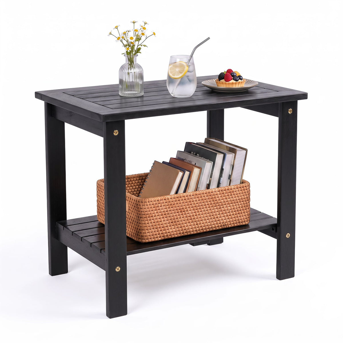 2-Tier eucalyptus wood patio end table in black with lower shelf and a woven basket of magazines on Tampa Home & Garden Store