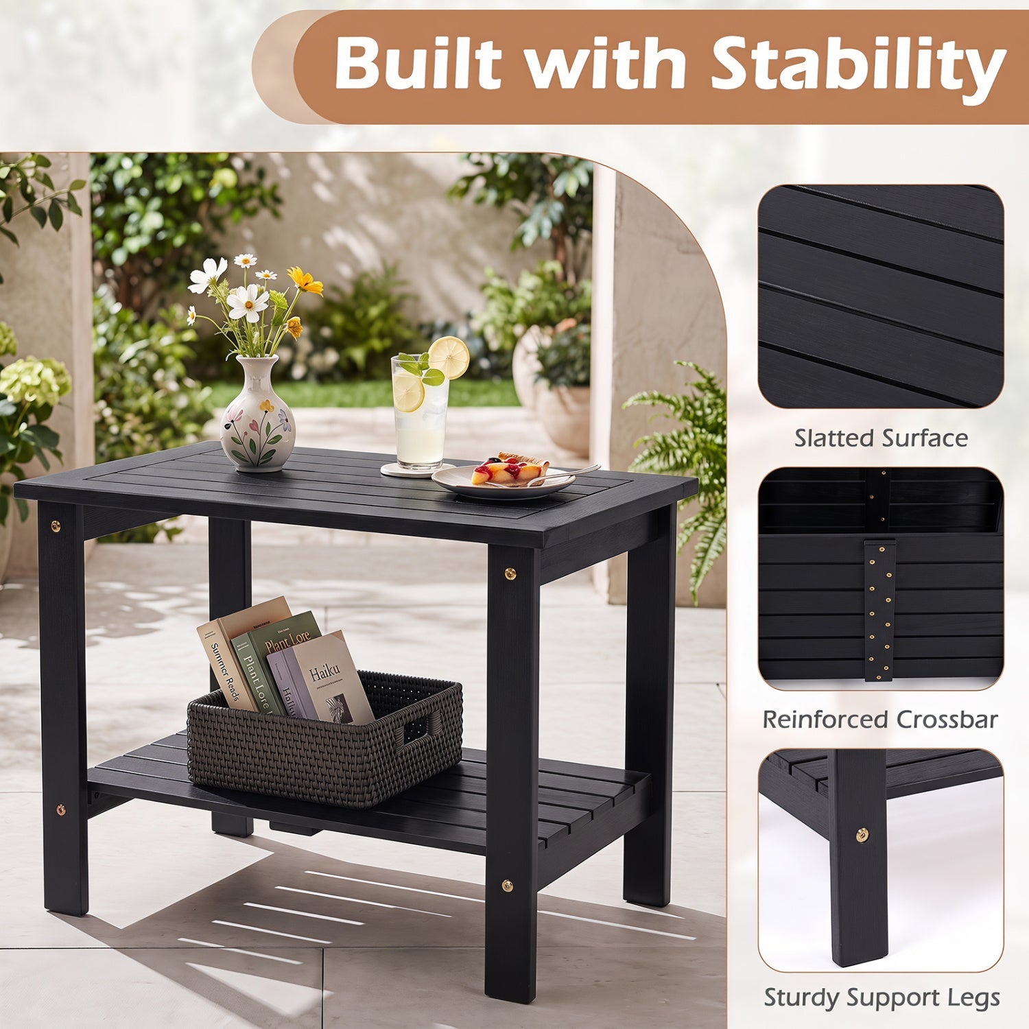 2-Tier Eucalyptus Wood Patio End Table by DirectDeals with slatted surface and storage shelf on Tampa Home & Garden Store