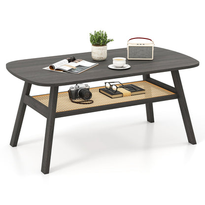 Mesa de centro rectangular de 2 niveles con estante de almacenamiento de ratán y patas de madera de caucho - Gris oscuro