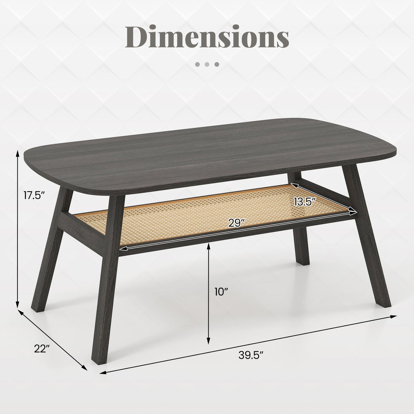 Mesa de centro rectangular de 2 niveles con estante de almacenamiento de ratán y patas de madera de caucho - Gris oscuro