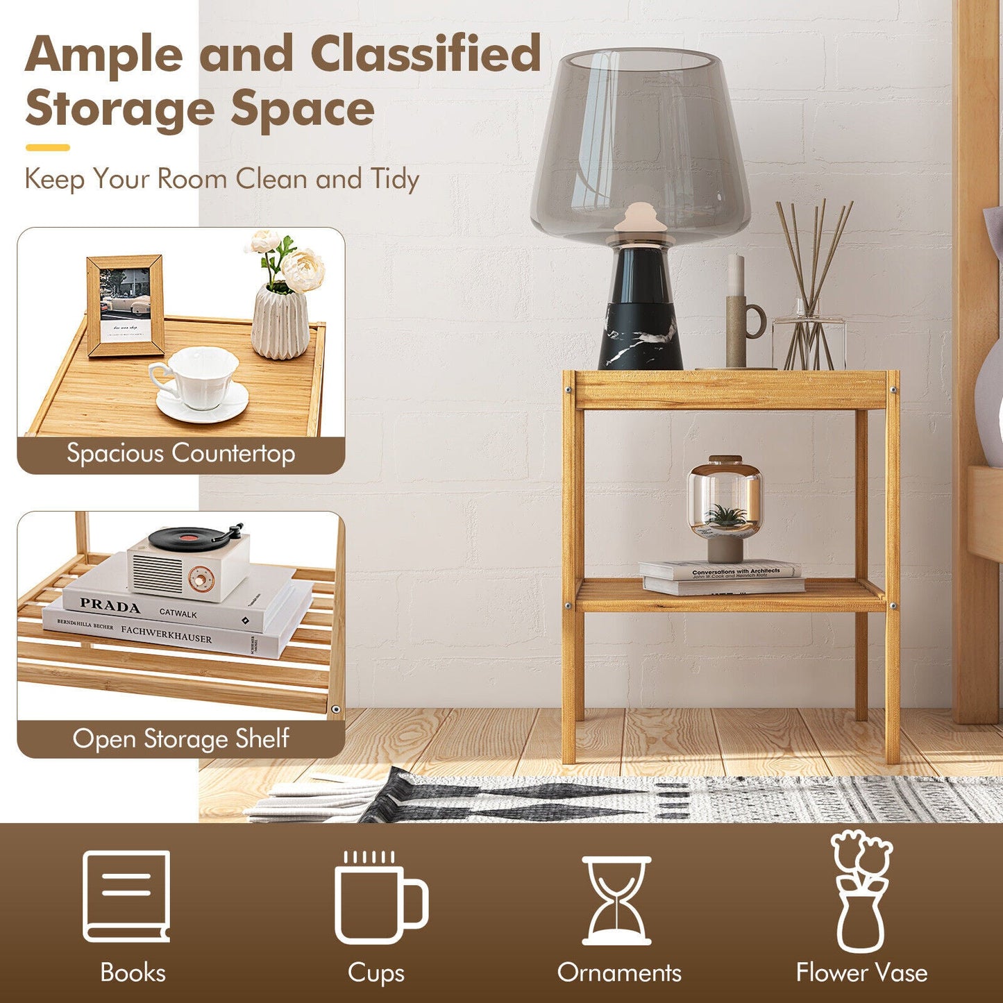 2 Pieces 2 Tiers Bamboo Nightstand for Living Room Bedroom-Natural - Tampa Home & Garden Store