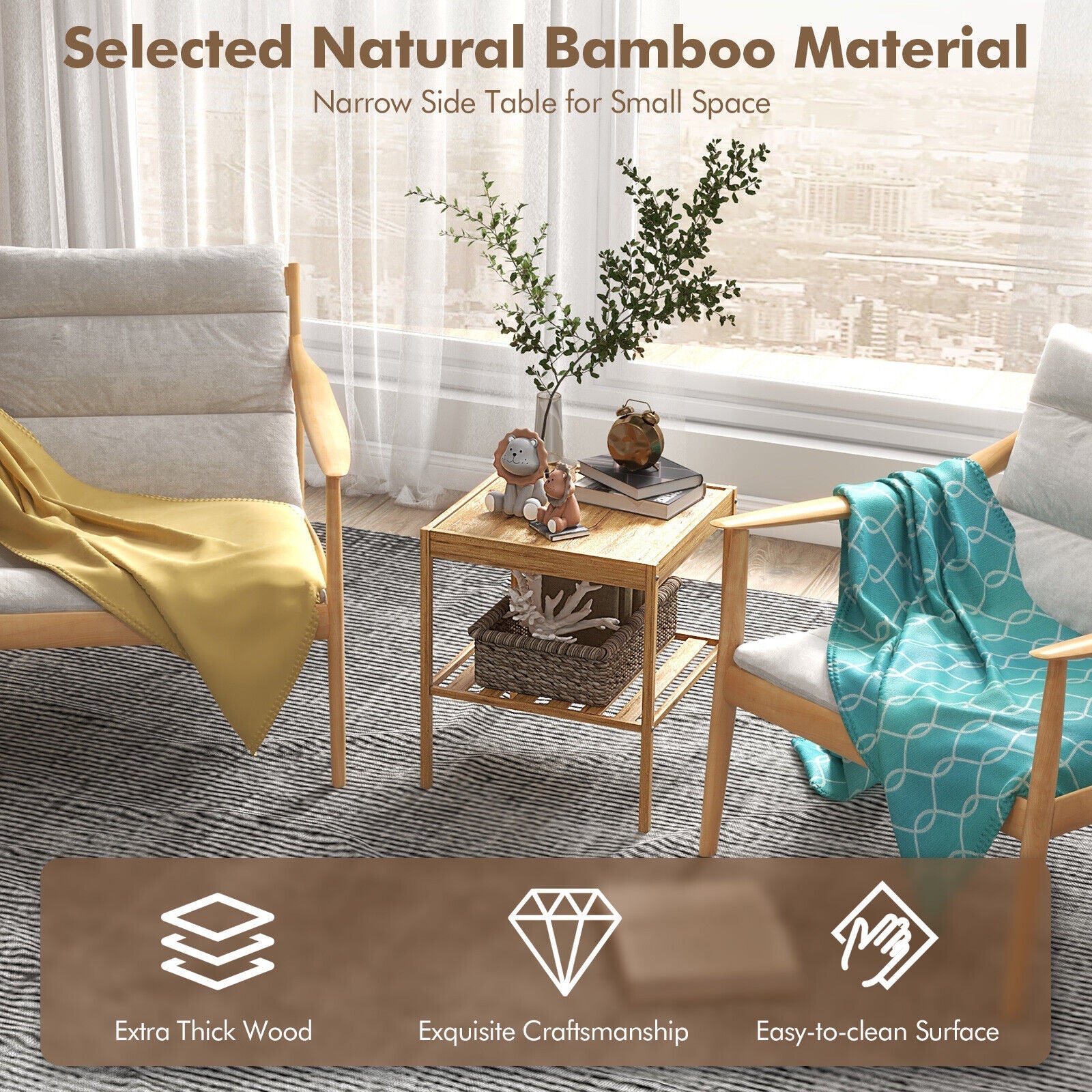 2 Pieces 2 Tiers Bamboo Nightstand for Living Room Bedroom-Natural - Tampa Home & Garden Store