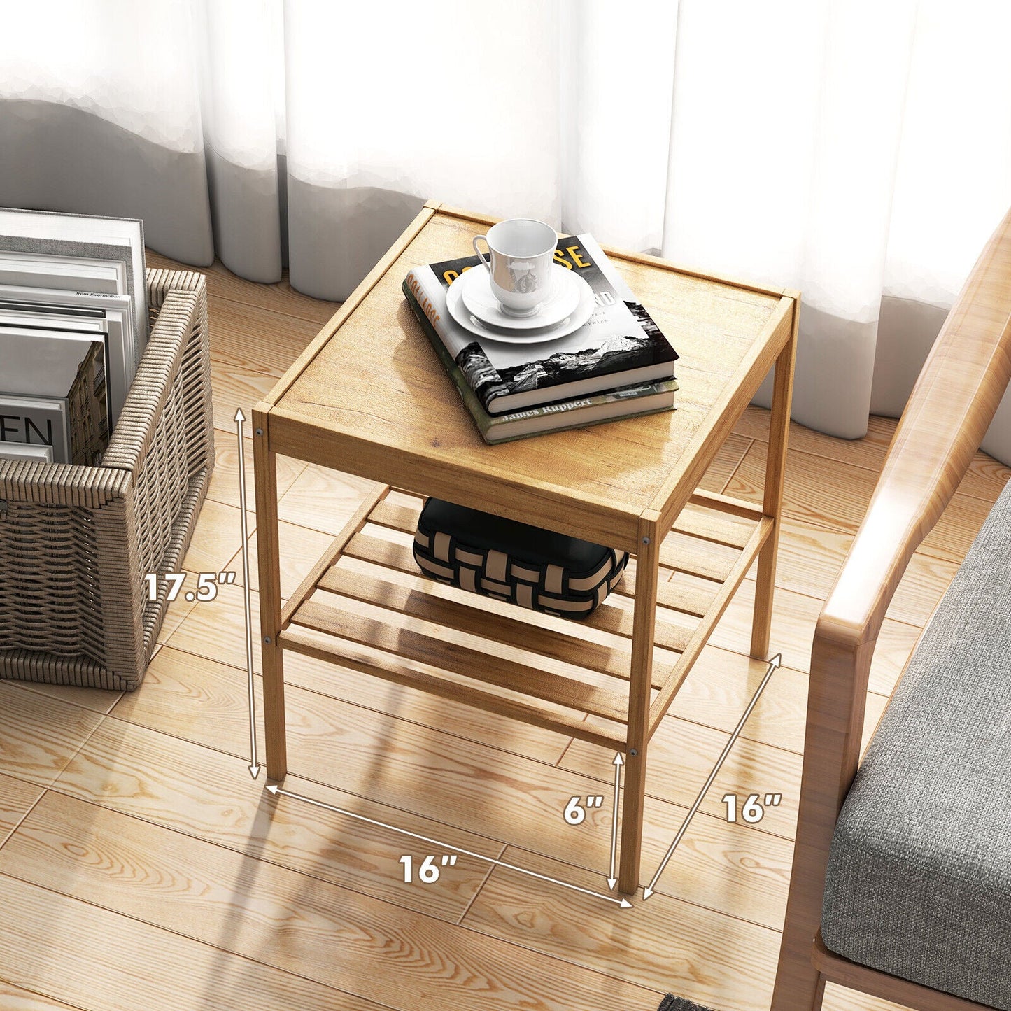 2 Pieces 2 Tiers Bamboo Nightstand for Living Room Bedroom-Natural - Tampa Home & Garden Store