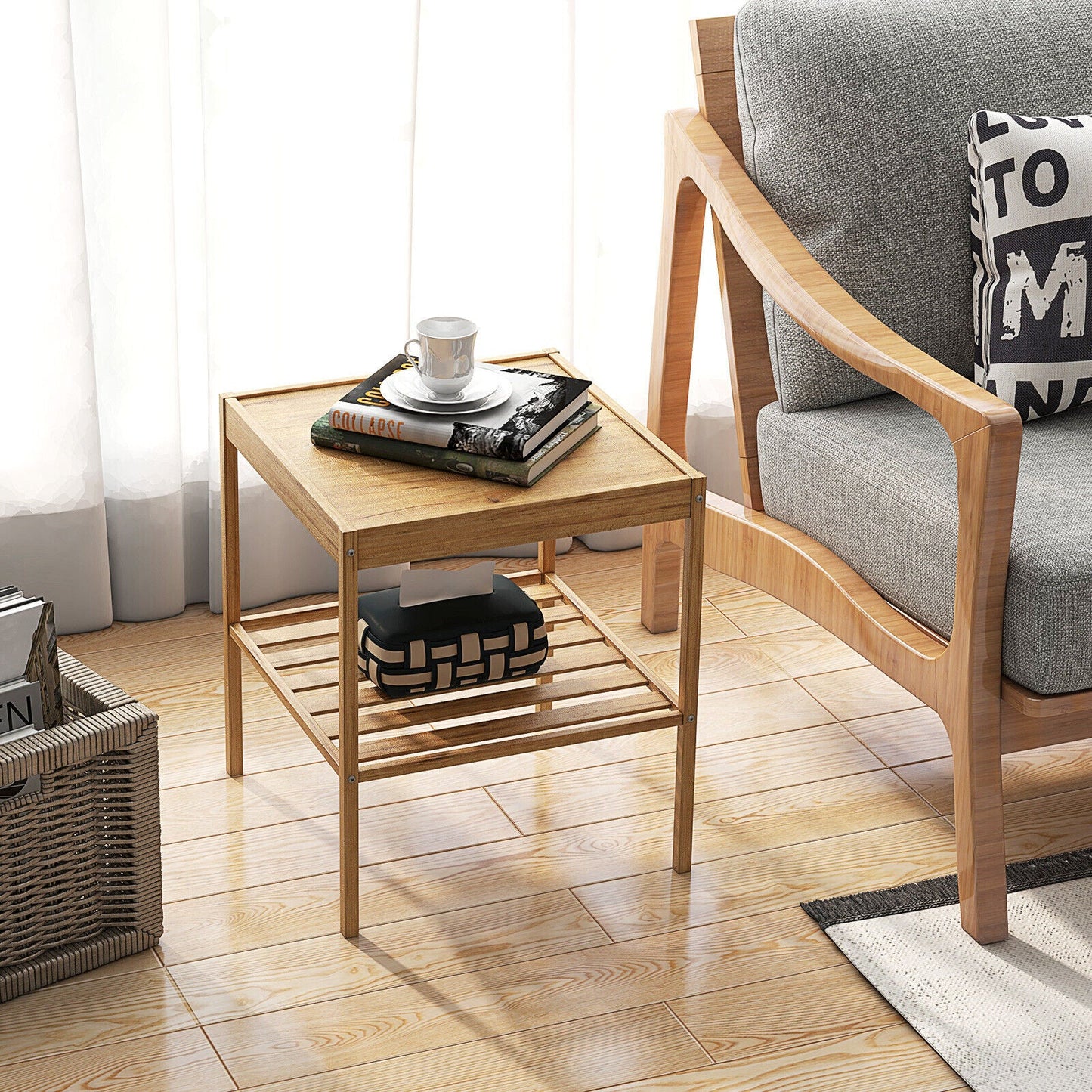 2 Pieces 2 Tiers Bamboo Nightstand for Living Room Bedroom-Natural - Tampa Home & Garden Store