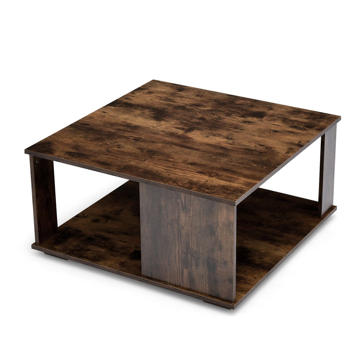 Mesa de centro cuadrada de 2 niveles con almacenamiento y almohadillas antideslizantes para los pies - Marrón rústico