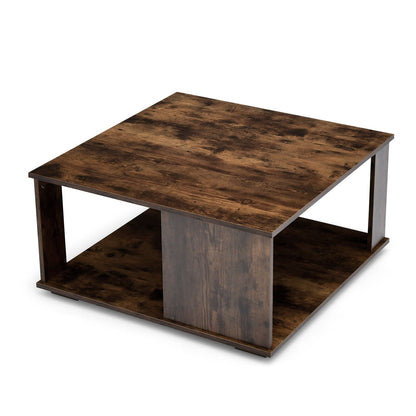 Mesa de centro cuadrada de 2 niveles con almacenamiento y almohadillas antideslizantes para los pies - Marrón rústico