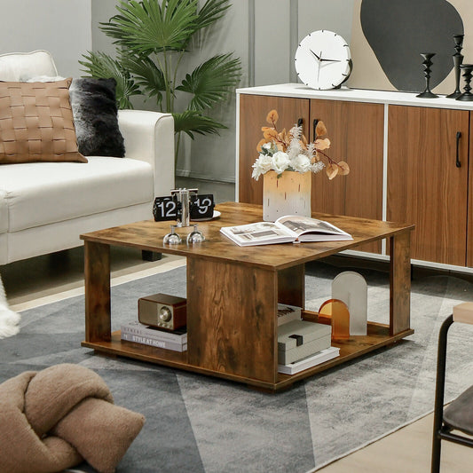 2 Tiers Square Coffee Table with Storage and Non-Slip Foot Pads-Rustic Brown - Tampa Home & Garden Store